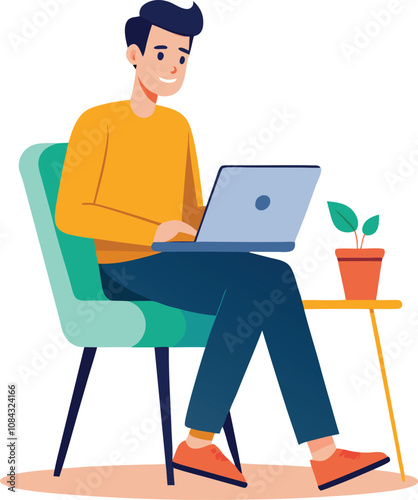 a boy is using his laptop vector