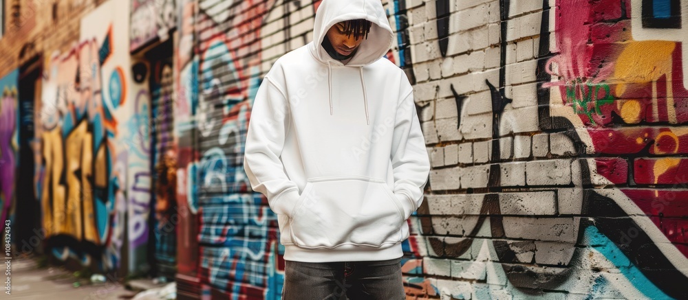 Naklejka premium Man wearing a blank white hoodie standing in front of a graffiti wall.