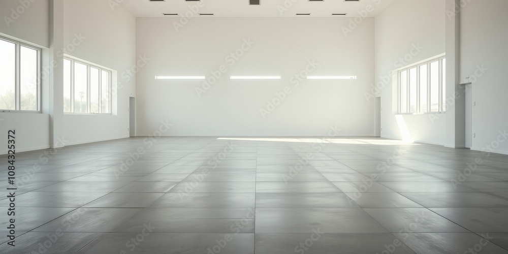 Fototapeta premium A spacious empty room with large windows, pristine white walls, and a tiled floor reflecting the natural light streaming in.