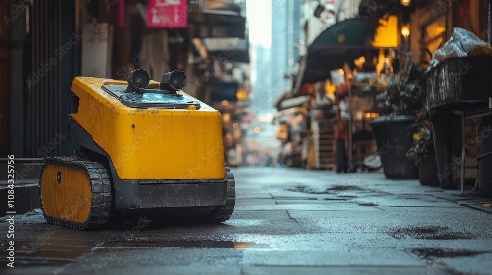Fototapeta premium Autonomous yellow robot navigating urban street in futuristic city exploring technology concept