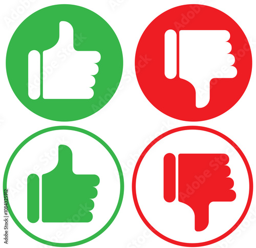 like and dislike sign in a red and green circle, thumbs up and down flat vector , rating and feedback symbol collection