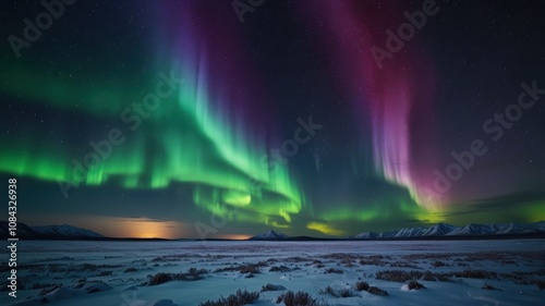 Vibrant green and purple aurora borealis dancing in the night sky over a snowy, mountainous landscape.