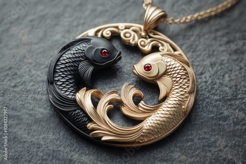 Golden pendant featuring two koi fish embracing yin yang symbolism photo