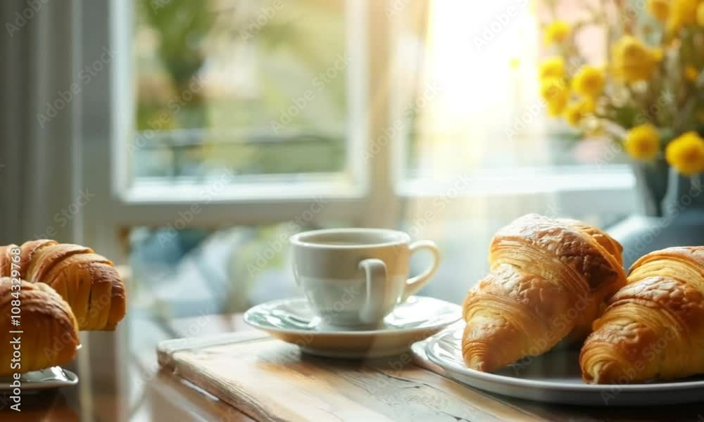 a croissant sits on a plate next to a cup of coffee on a table in front of a window with a view of a tree and a cup of coffee