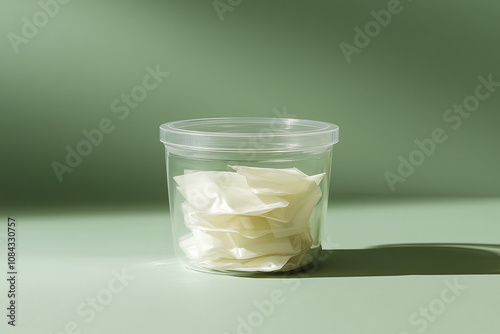 Transparent plastic jar with white snus pouches on sage green surface. photo