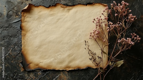 Old paper with burnt edges and dried flowers.