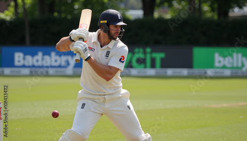 An intense moment in cricket as the batsman prepares to strike during a sunny day match at a local ground in England