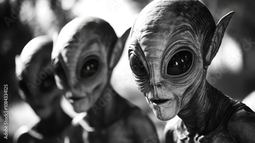 Three grey aliens with large eyes look intensely at the viewer. photo