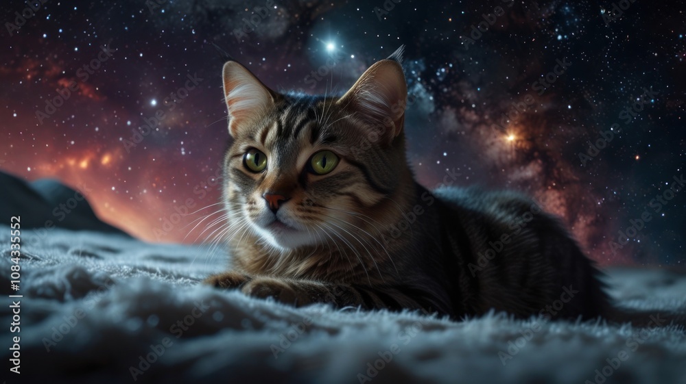 A tabby cat with green eyes lies on a white fuzzy surface, gazing at a star-filled night sky. A tabby cat with green eyes lies on a white fuzzy surface, gazing at a star-filled night sky.