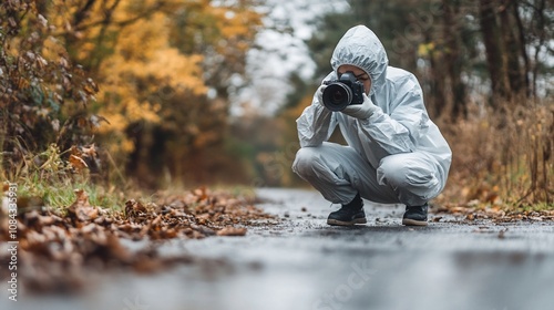 Forensics photographer crouching, taking photos of evidence on a wet road in autumn.