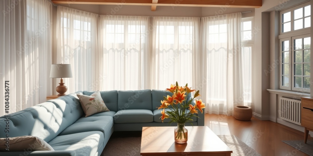 Fototapeta premium Sunlight streaming through sheer curtains illuminates a comfortable living room with a blue sectional sofa, wooden coffee table, and a vase of vibrant lilies