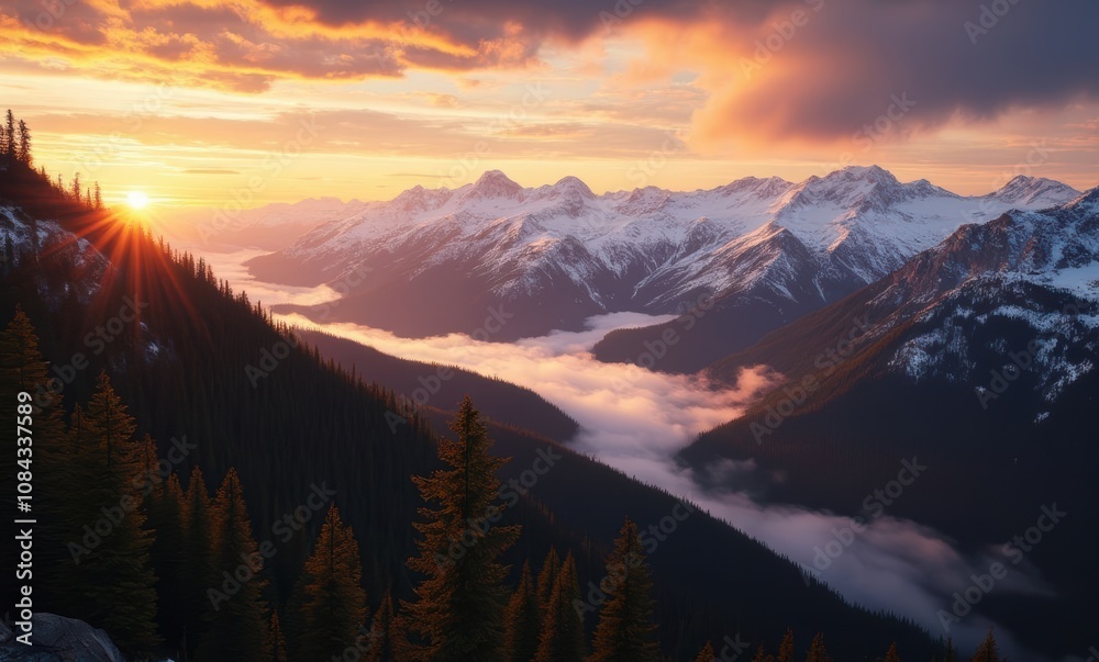 Breathtaking mountain sunset over valley Breathtaking mountain sunset over valley