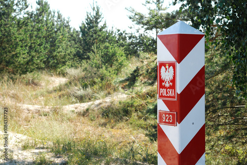 Polish border pole on frontier of the country
