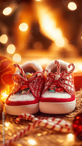 Festive children's shoes by cozy fireplace - perfect holiday decor and stocking stuffer inspiration