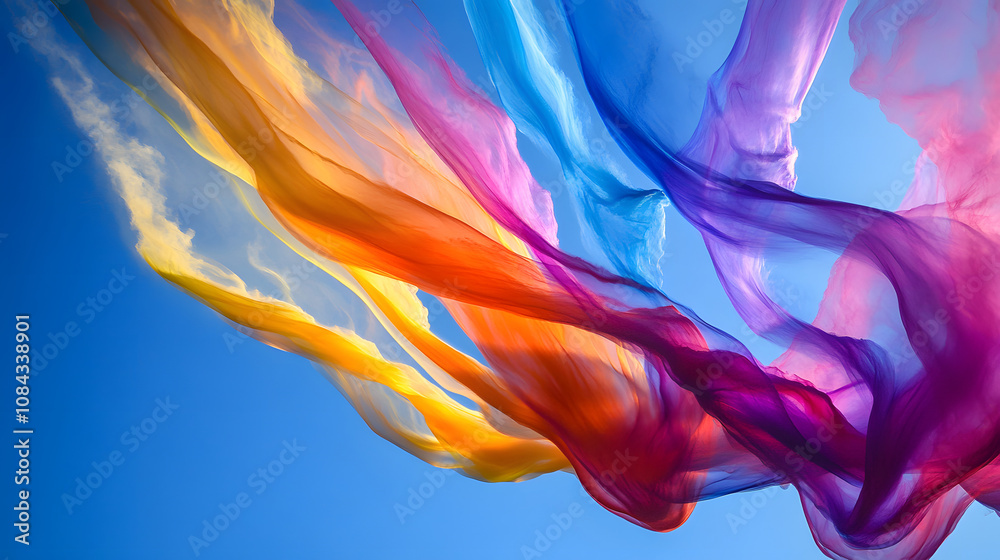 Fototapeta premium A colorful display of stunt planes in a clear sky leaving swirling smoke trails that form patterns showcasing skill precision and visual artistry.