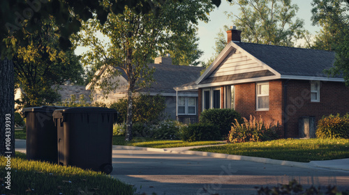 A house with two black trash cans in front of it photo