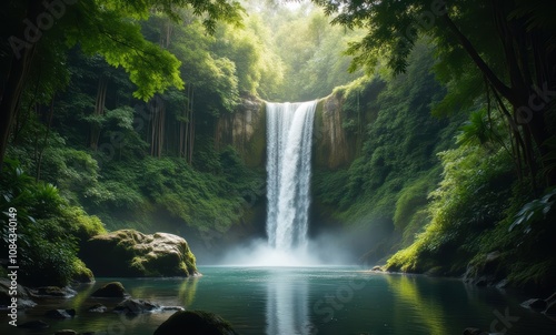 Serene waterfall in lush green surroundings