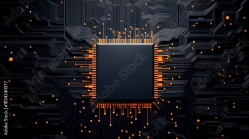 A close-up of a black microchip surrounded by intricate circuit patterns and glowing orange connections symbolizes technology and innovation, ideal for articles on tech advancements or electronics, photo