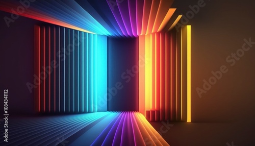 Abstract neon light arches in vibrant colors, creating a futuristic and dynamic visual, symbolizing modernity, creativity, and energy