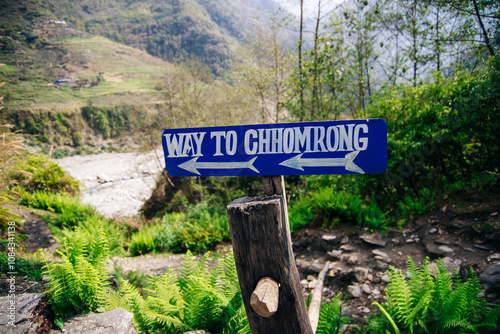 A sign for Khumjung Gomba at Pheriche, on the Mount Everest Base camp trail, Nepal Himalaya photo