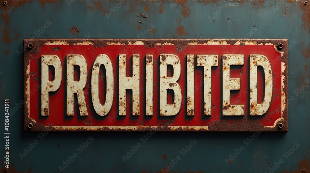 Fototapeta premium Vintage-Style Weathered Metal Sign With Distressed Typography Reading Prohibited