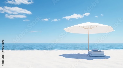 A serene beach scene featuring a white umbrella providing shade over neatly stacked towels, with calm waves and a clear blue sky in the background, Ideal for travel, relaxation, or summer themes, photo