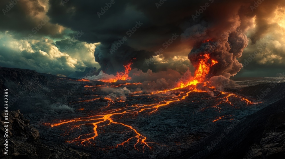 The aftermath of a volcanic eruption, with smoke-filled skies over a stark, ash-covered landscape dotted with glowing rivers of molten lava. The aftermath of a volcanic eruption, with smoke-filled skies over a stark, ash-covered landscape dotted with glowing rivers of molten lava.
