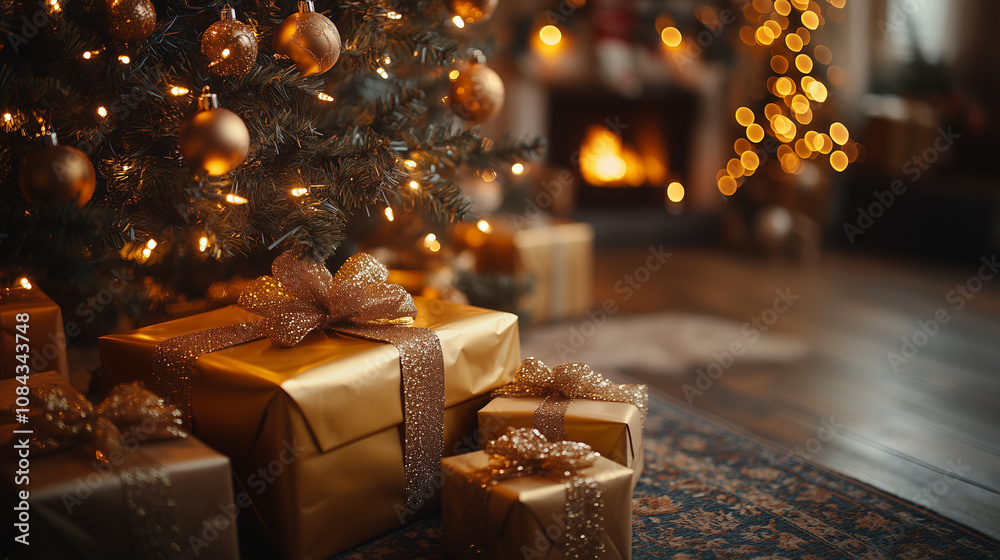 A sparkling Christmas tree with golden lights and a few neatly placed gift boxes underneath A sparkling Christmas tree with golden lights and a few neatly placed gift boxes underneath