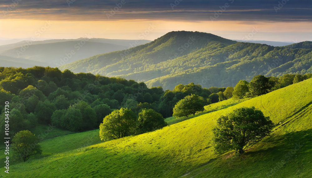 Obraz premium A scenic view of rolling green hills and distant mountains