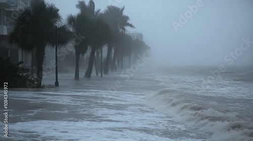 A storm on the seashore. Strong wind gusts bend palm trees.  Illustration for cover, card, postcard, interior design, banner, poster, brochure or presentation.