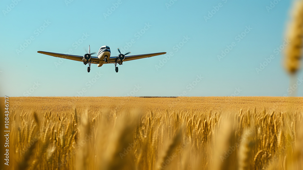 A historic DC-3 airplane flying low over a golden wheat field with a soft blue sky above embodying the nostalgia and romance of early air travel. A historic DC-3 airplane flying low over a golden wheat field with a soft blue sky above embodying the nostalgia and romance of early air travel.