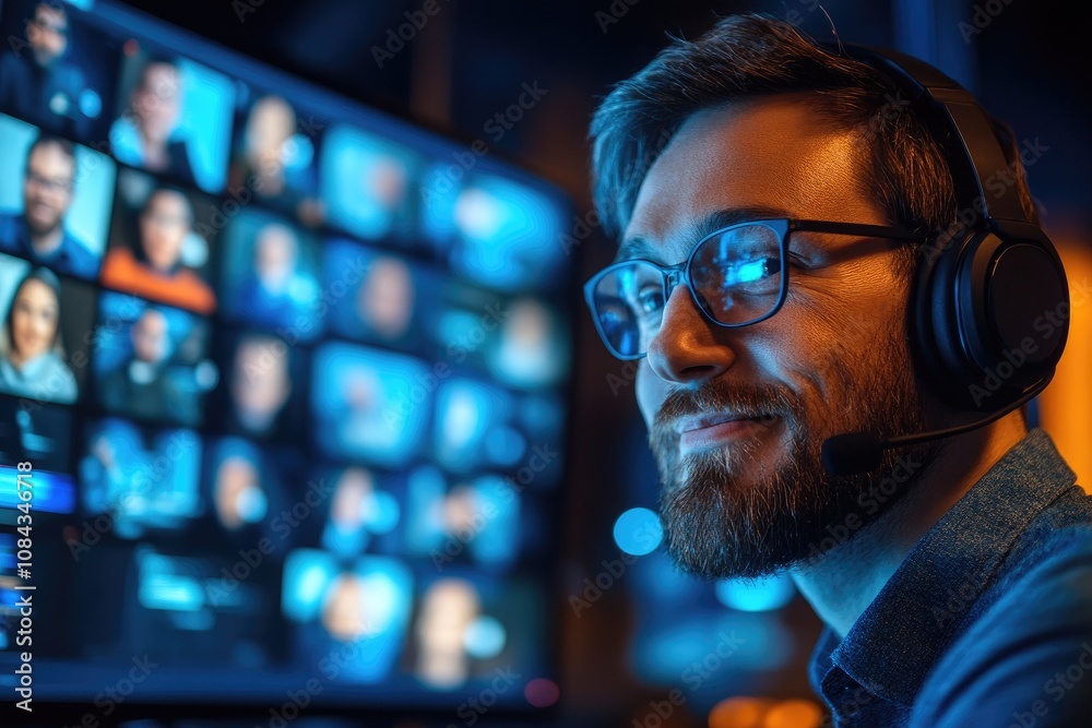 Video editor working at night with headset and multiple screens showing video editing software interface Video editor working at night with headset and multiple screens showing video editing software interface