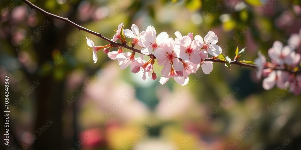 Obraz premium A Delicate Branch of Cherry Blossoms Swaying Gently in the Spring Breeze, Their Petals a Soft Pink Against a Background of Blurred Green and Sunlight.