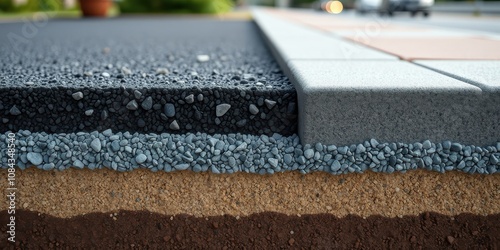 Cross-section of a sidewalk revealing the layers of construction, from the top asphalt layer to the underlying compacted earth.