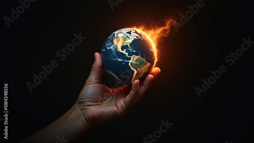 Hand Holding World On Fire Earth