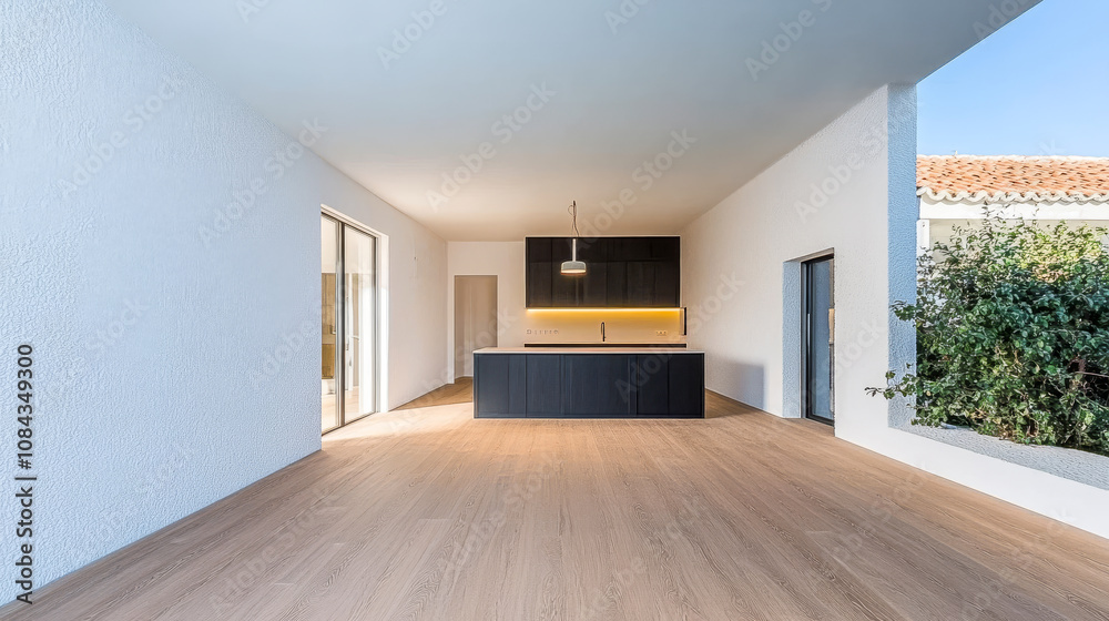 Fototapeta premium Modern open kitchen design with wooden flooring and minimalist decor in a spacious home