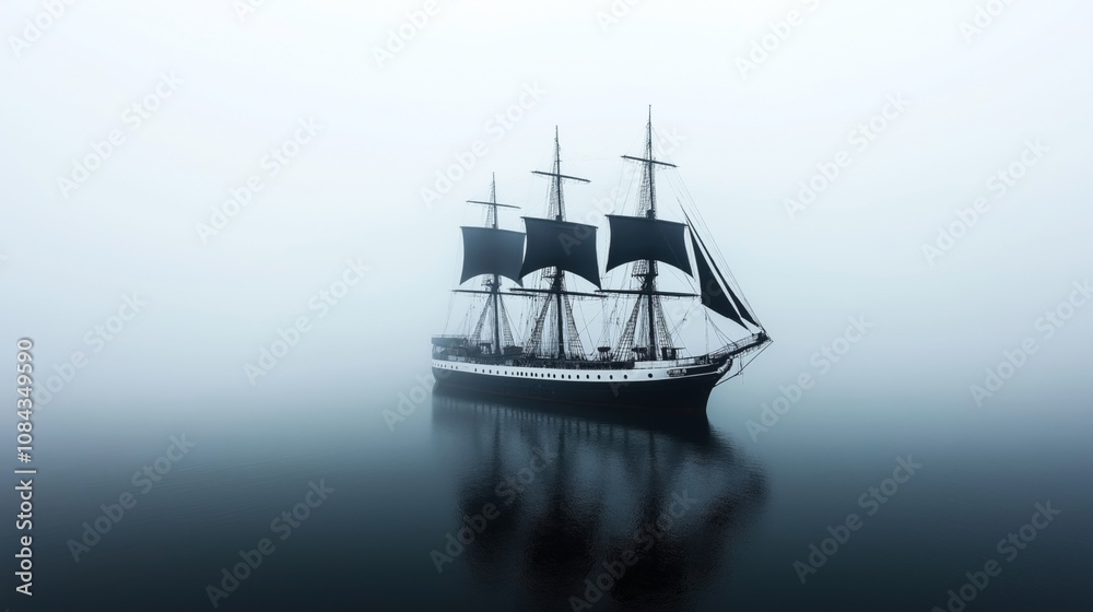 Obraz premium Vintage sailing ship with three masts and dark sails reflected on calm water surrounded by heavy fog creating a mysterious and serene atmosphere