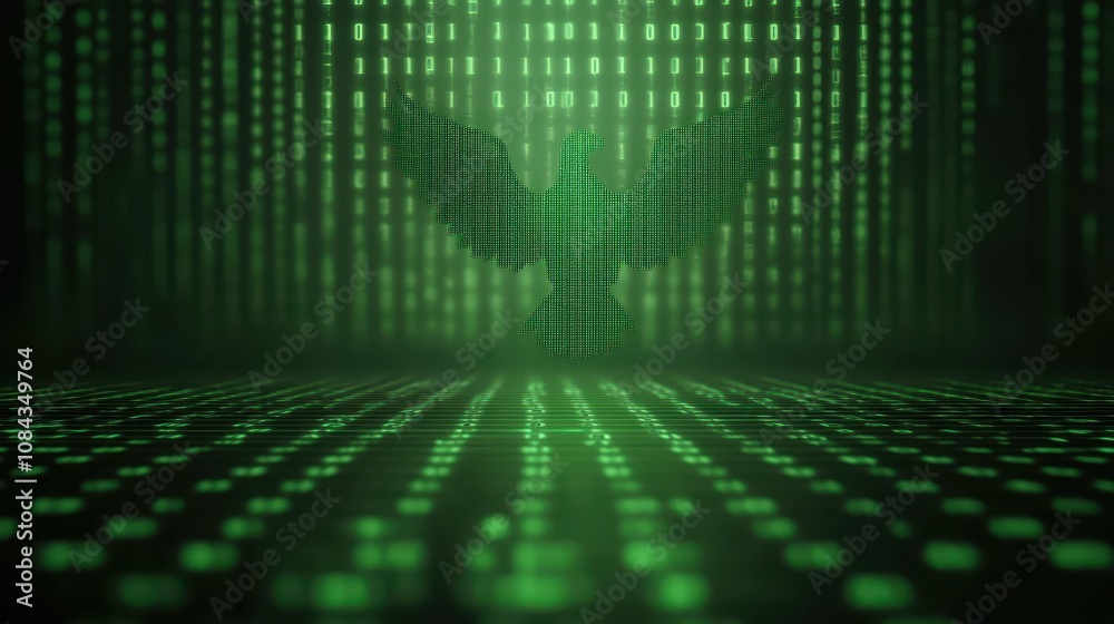 Green bird emerging from binary code, a symbol of digital transformation and nature beauty Green bird emerging from binary code, a symbol of digital transformation and nature beauty