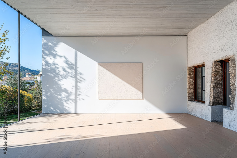 Fototapeta premium Modern art gallery featuring minimalist design and natural light in a serene landscape setting