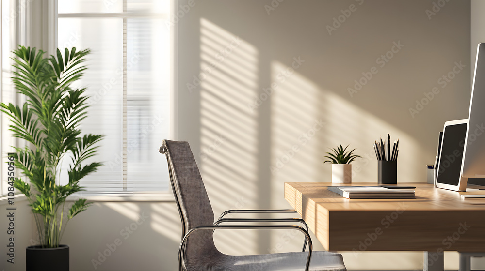 A minimalistic office space with a single wooden desk an ergonomic chair and a small potted plant creating a calm and focused work environment. A minimalistic office space with a single wooden desk an ergonomic chair and a small potted plant creating a calm and focused work environment.