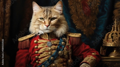 A cat dressed in a red military uniform with gold accents and a crown, posed in a regal manner.