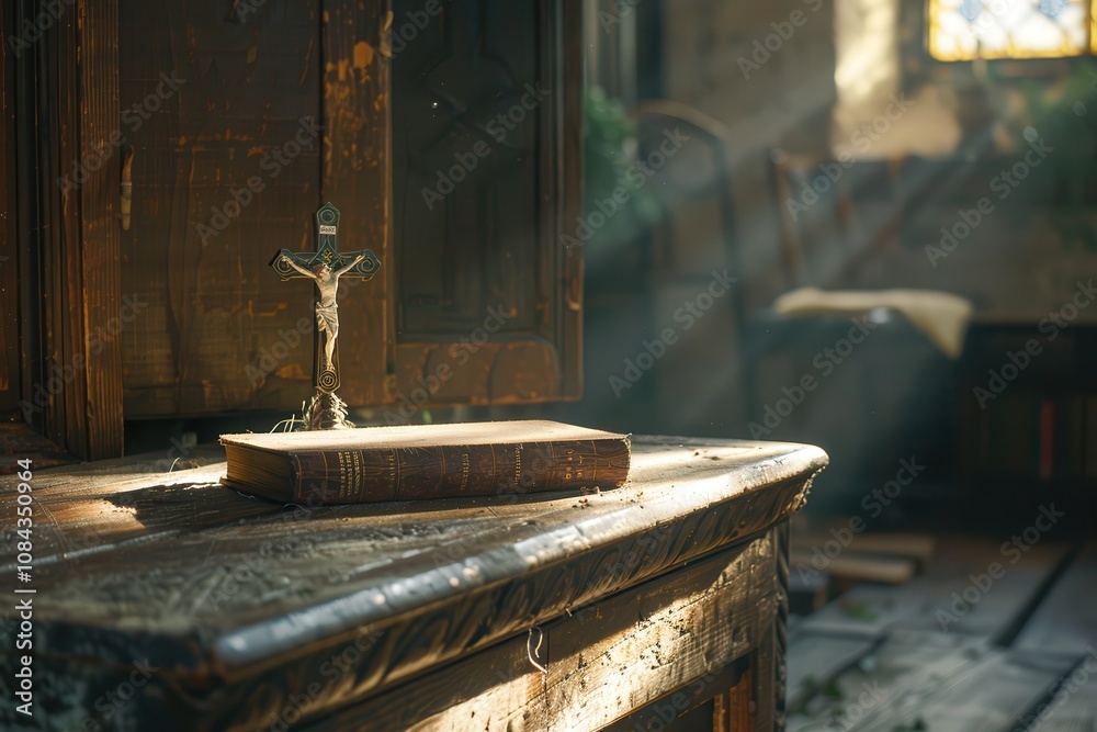Obraz premium Sunlight shines the Bible and cross.A serene interior featuring a crucifix on an old book, illuminated by soft sunlight filtering through the window.