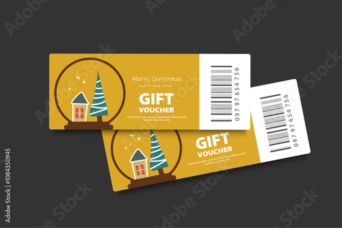 minimalist Christmas gift voucher ticket design, house, stars, tree