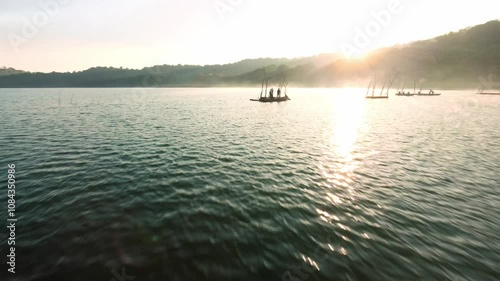 fpv drone aerial view morning on the lake in bali