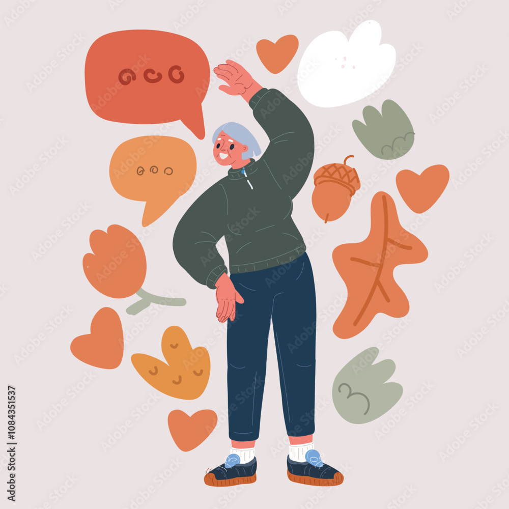 Obraz premium Cartoon vector illustration of an elderly woman exercising with a dumbbell, fitness and health concept