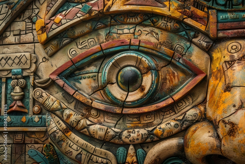 Obraz premium Colorful ancient mayan eye carving looking out from intricately carved stone wall