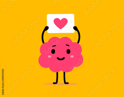 Vector romantic doodle style illustration of child happy brain character in search of love on yellow background. Flat cartoon design of cute smile pink brain with board heart for valentine day banner