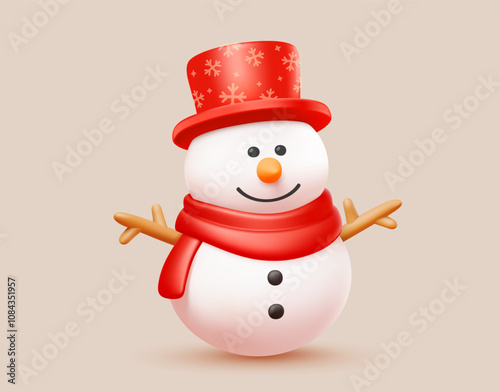 Vector christmas illustration of cute realistic snowman in red top hat and scarf on light background. 3d cartoon style design of smile snowman for Merry Christmas and Happy New Year banner