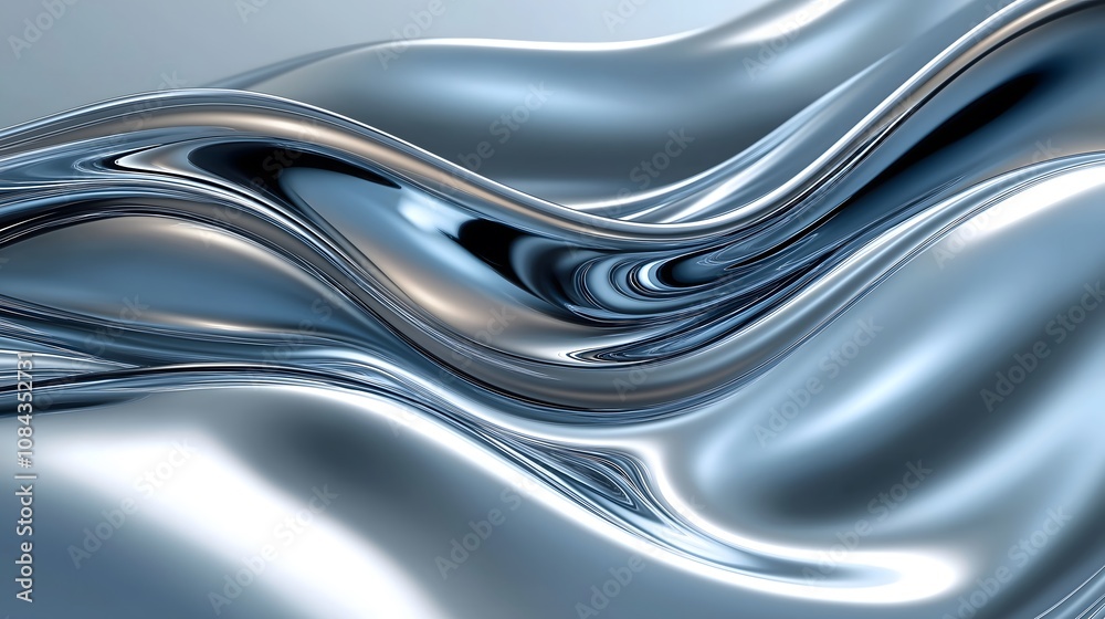 Fototapeta premium Abstract 3D background with flowing metallic waves, gradient colors shifting from deep blue to electric purple, soft light reflections, smooth surfaces with a high gloss finish, elegant and futuristic