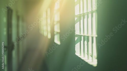 Softly Blurred Jail Cell with Filtering Light and Muted Tones, Creating a Tranquil and Solitary Atmosphere in a Confined Space